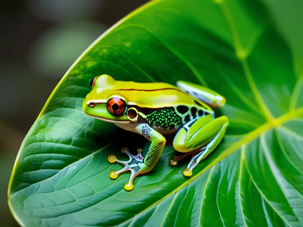 Una hermosa rana arbórea verde en la selva tropical, reflejando la luz del sol entre las hojas