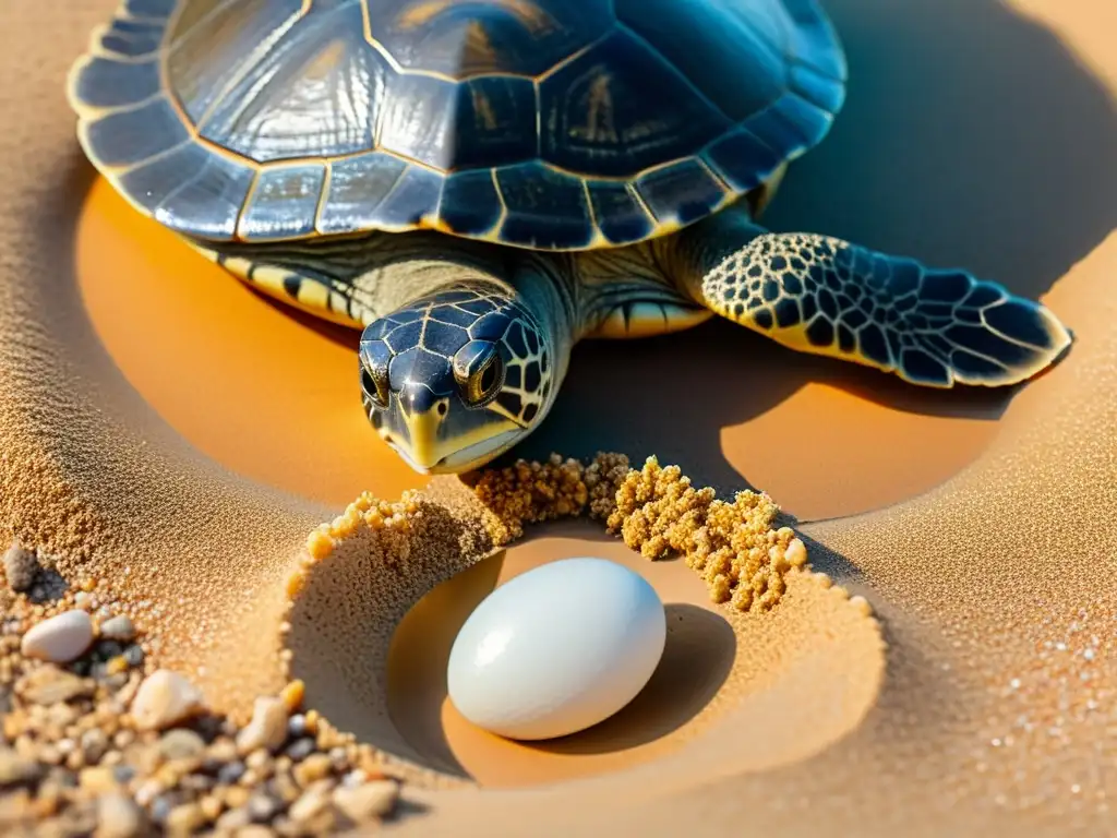 Una hermosa tortuga pone huevos en la playa, con detalles ultranítidos y una cálida luz solar