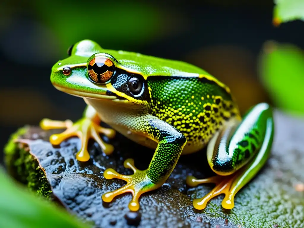 Un hermoso anfibio cautivo posado en una roca cubierta de musgo, con ojos alertas