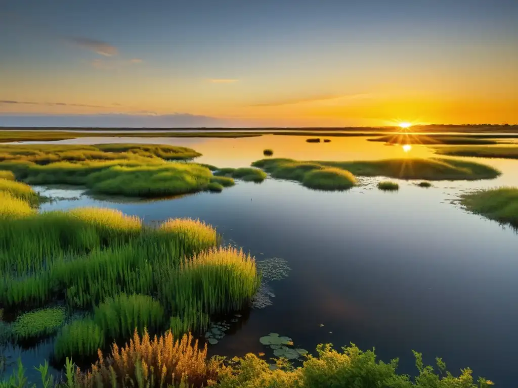 Un hermoso atardecer en un humedal costero con anfibios en su hábitat natural