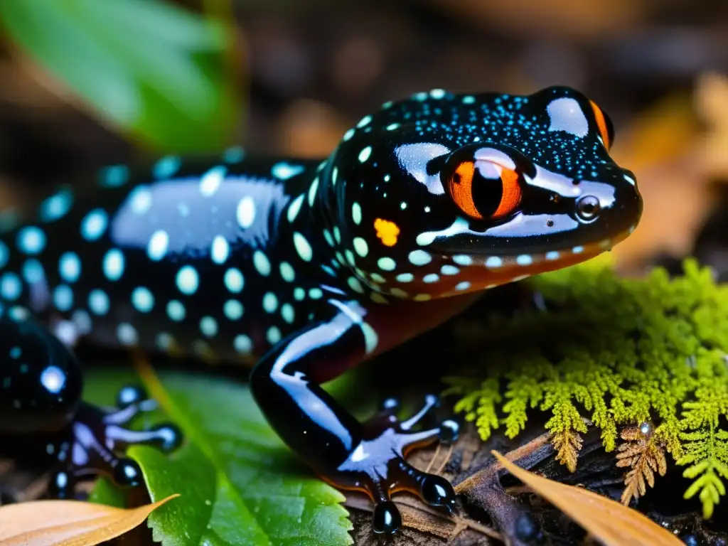 Un hermoso ejemplar de salamandra moteada emerge del suelo del bosque, mostrando su piel brillante y sus colores vibrantes