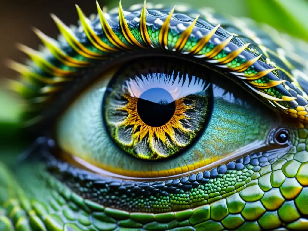 Hermoso ojo de reptil detallado, con patrones y texturas, refleja su entorno