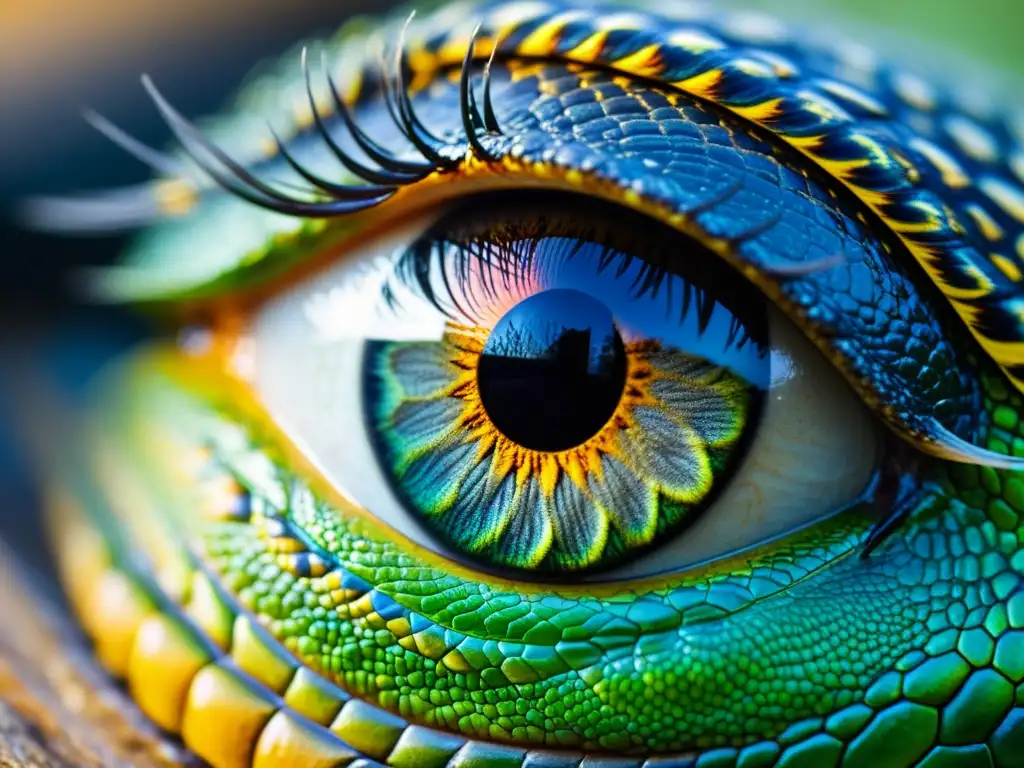 Hermoso ojo de reptil detallado, con patrones de iris, textura de escamas y reflejos de luz