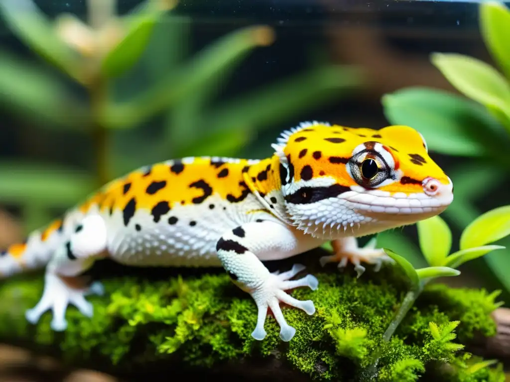 Un hermoso gecko leopardo descansa en su terrario, rodeado de plantas y rocas