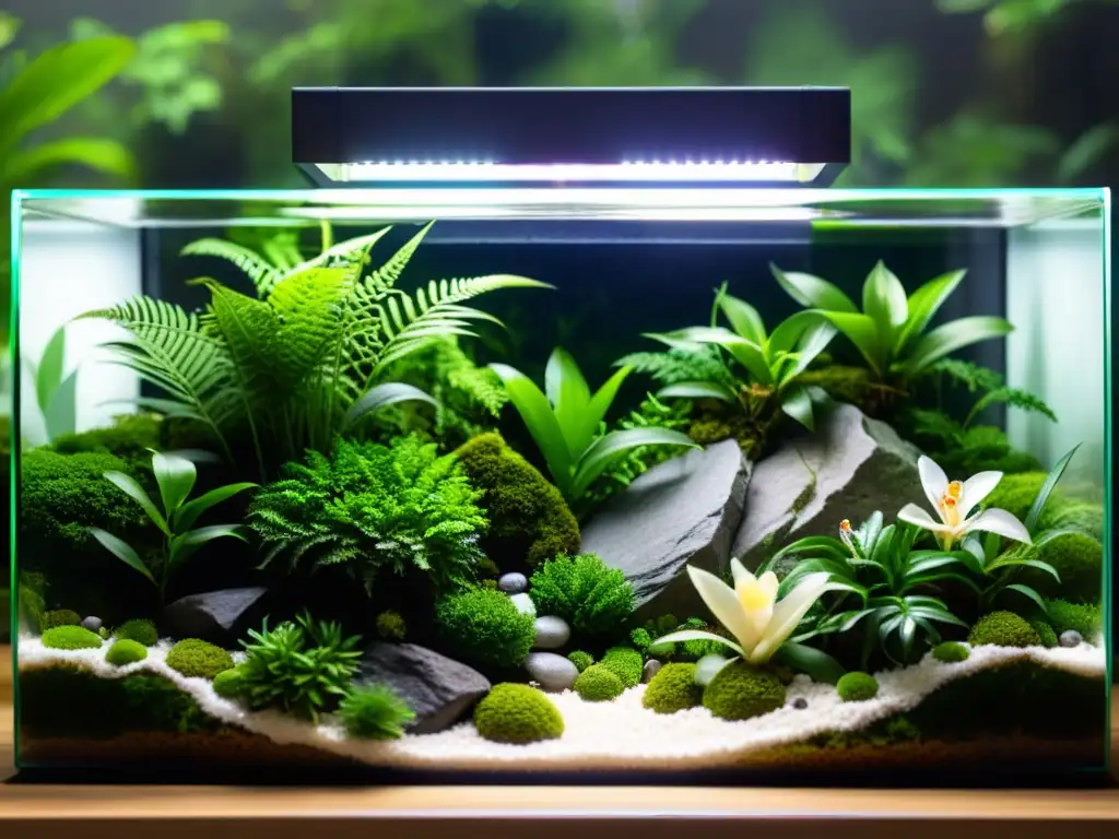 Un hermoso terrario tropical con musgo verde vibrante, helechos y orquídeas, resaltando el control climático automatizado terrarios