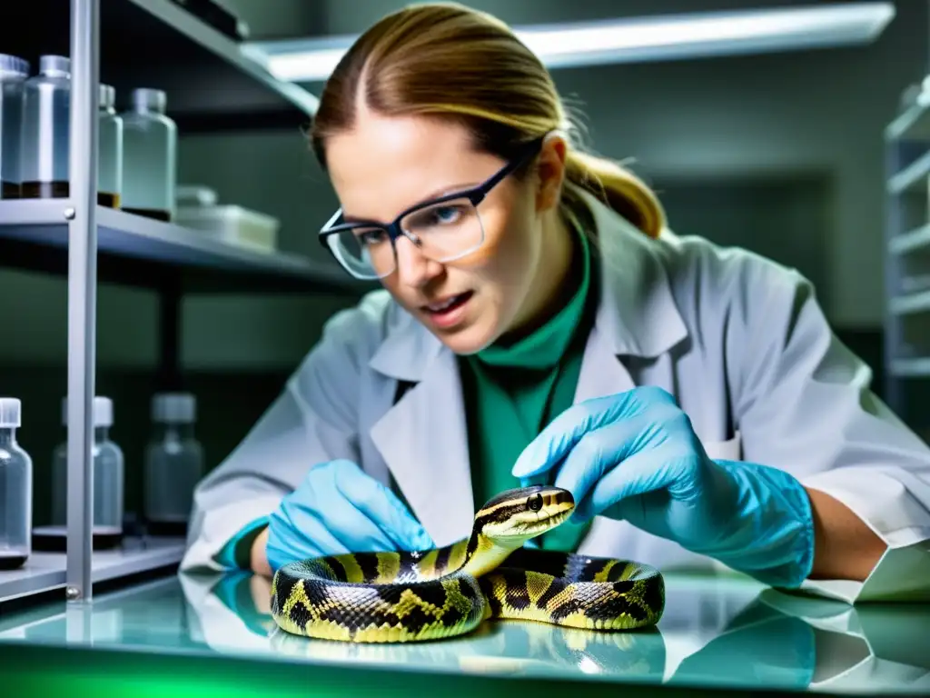 Herpetólogo examinando cuidadosamente los colmillos de una serpiente venenosa en laboratorio especializado de zoológico