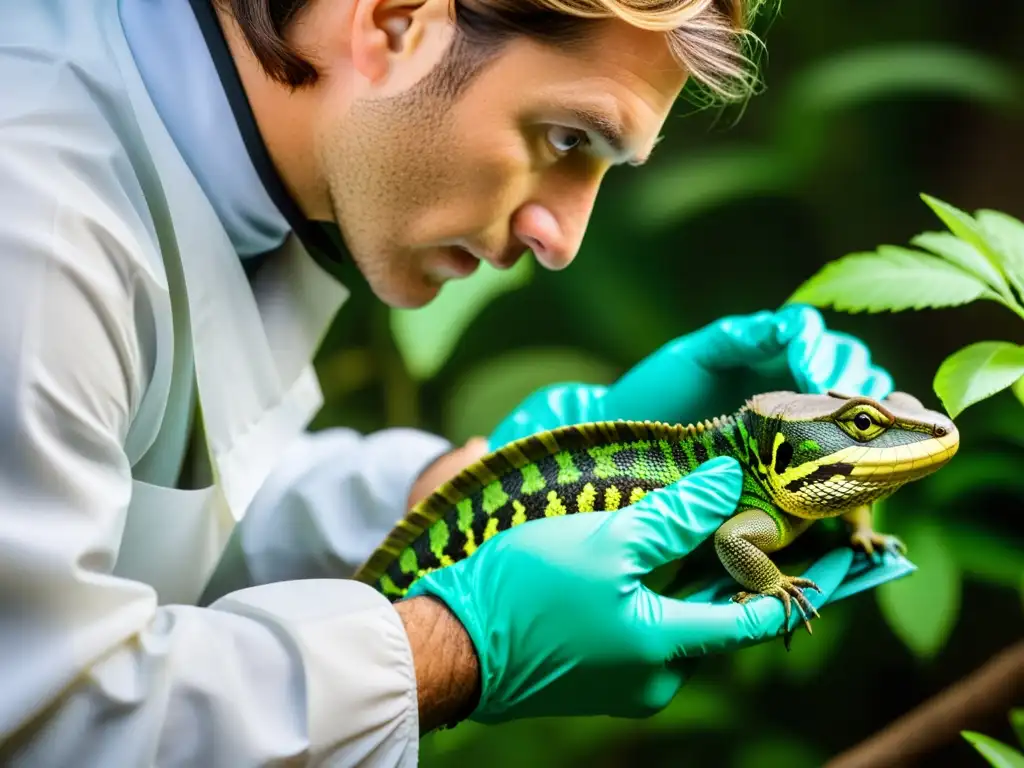 Un herpetólogo capturando con cuidado una especie invasora de reptil en su hábitat natural, resaltando la seriedad y precisión de su papel