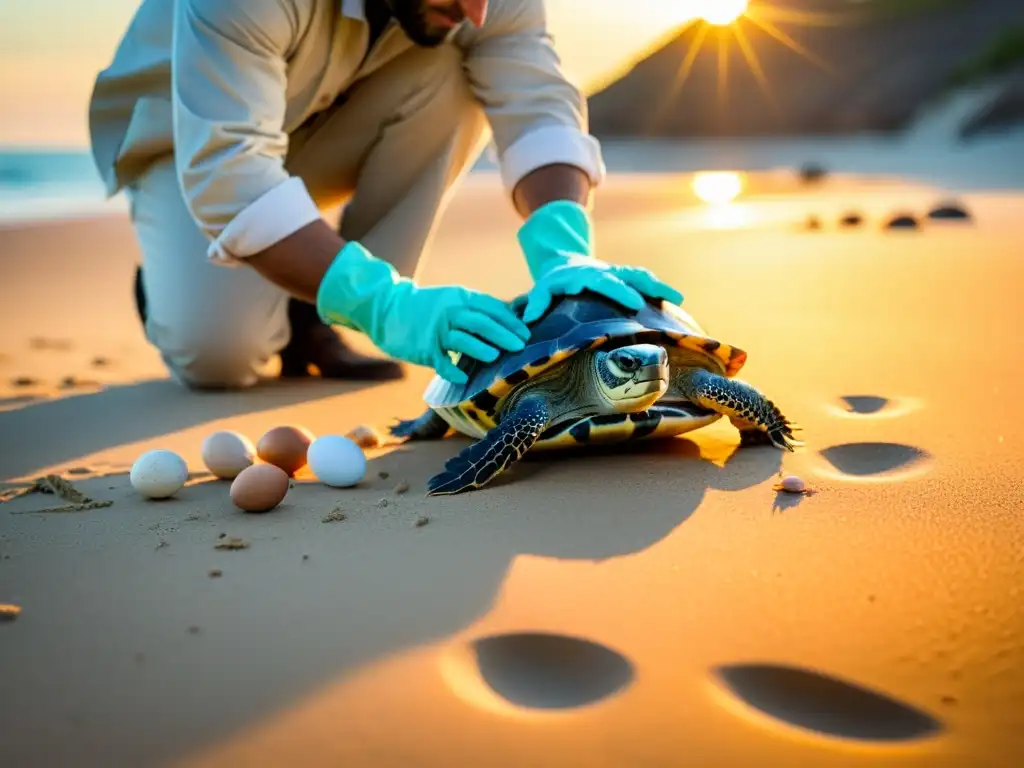 Un herpetólogo recoge con cuidado huevos de tortuga en la playa al atardecer, mostrando la reproducción asistida en herpetología