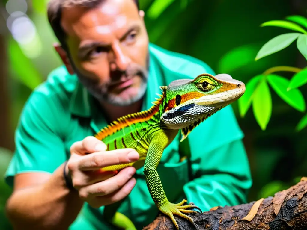 Un herpetólogo maneja con cuidado un lagarto venenoso en la selva tropical, mostrando su destreza y precaución