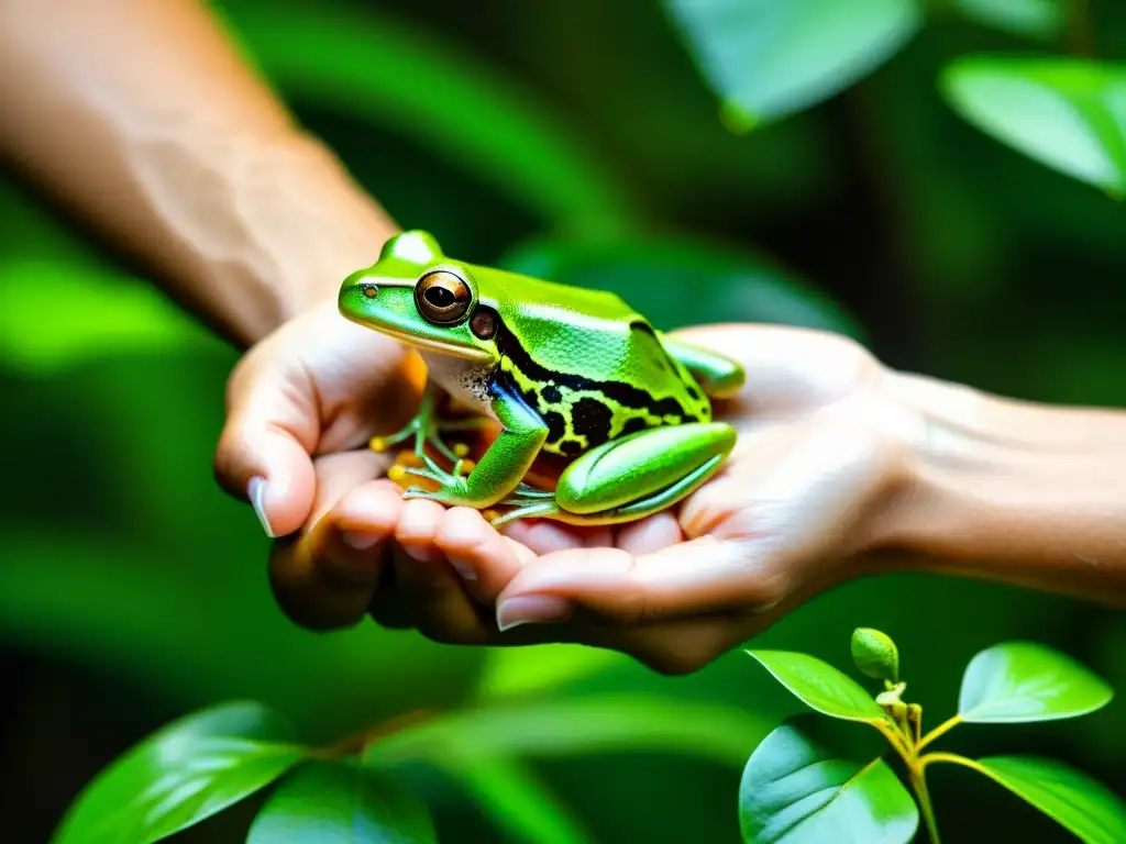 Un herpetólogo libera con cuidado una rana verde en su hábitat natural, destacando la ética en investigación herpetológica