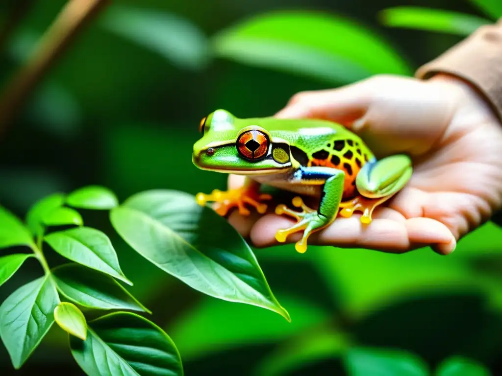 Un herpetólogo libera con cuidado una rana verde en su hábitat natural en la selva tropical