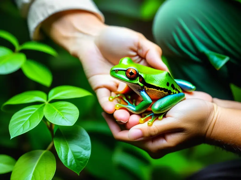 Un herpetólogo examina con cuidado una rana arbórea verde en la exuberante selva, demostrando la ética en investigación herpetológica