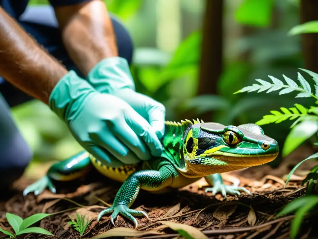 Un herpetólogo libera con cuidado un reptil en su hábitat natural, mostrando la conservación de reptiles en peligro