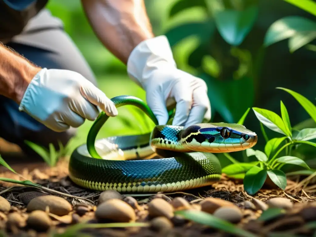 Herpetólogo liberando con cuidado una serpiente rescatada en su hábitat natural