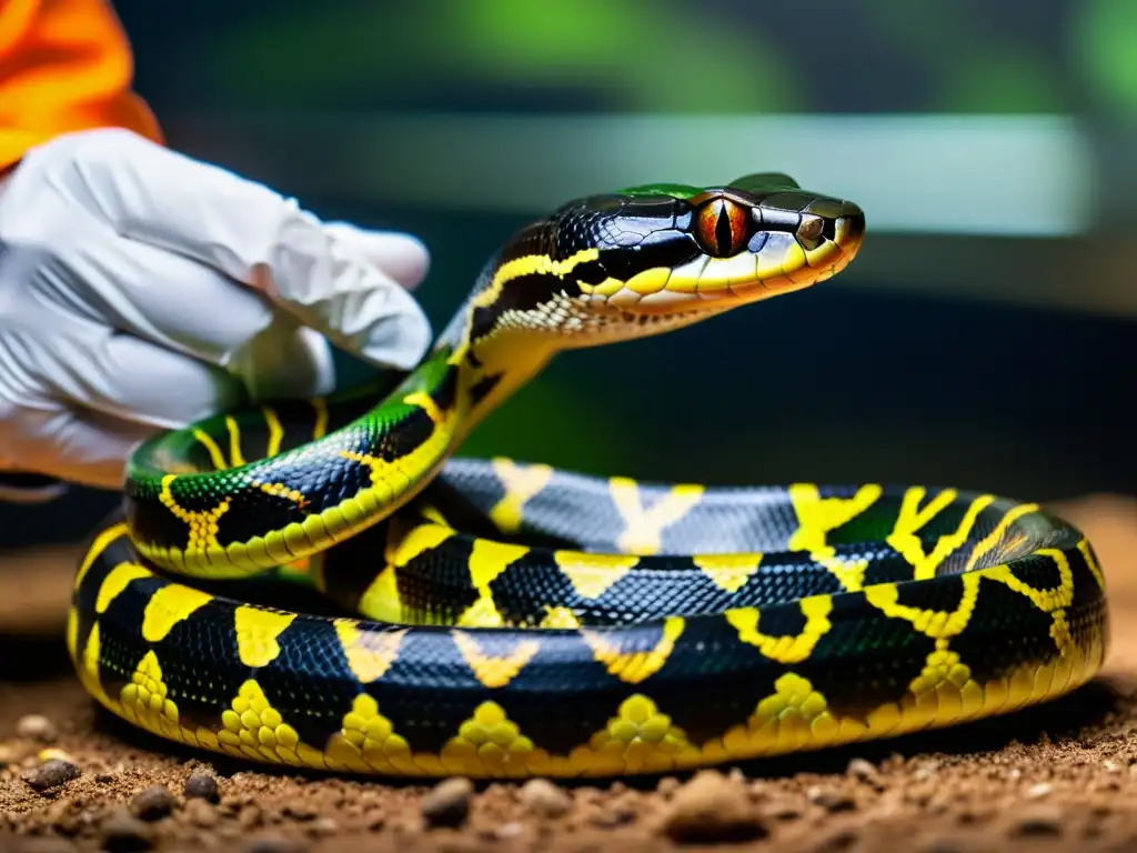 Un herpetólogo maneja con cuidado una serpiente venenosa, mostrando la intensidad y precisión del manejo seguro de reptiles venenosos