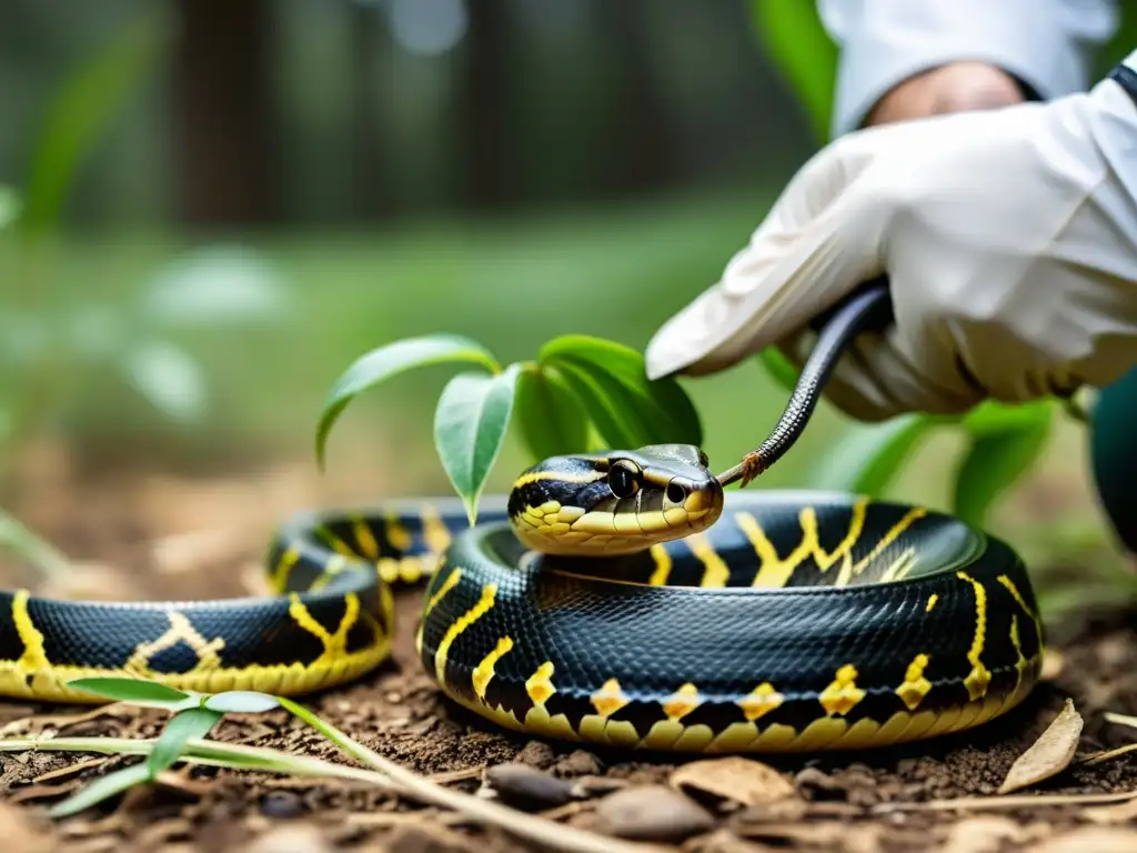 Un herpetólogo maneja con cuidado una serpiente venenosa en el campo, mostrando el equipamiento esencial para el estudio de serpientes