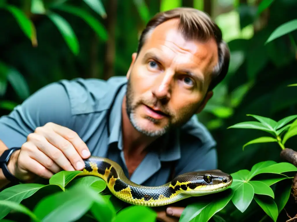 Un herpetólogo capturando con cuidado una serpiente venenosa en su hábitat natural