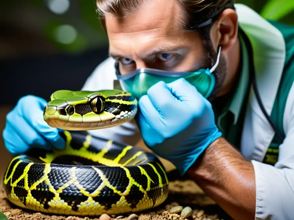 Un herpetólogo maneja con cuidado una serpiente venenosa en un entorno controlado, destacando el manejo seguro de reptiles venenosos