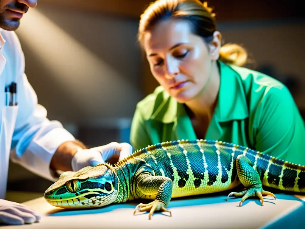 Un herpetólogo cuidadoso administra medicamento a un reptil enfermo en ambiente clínico