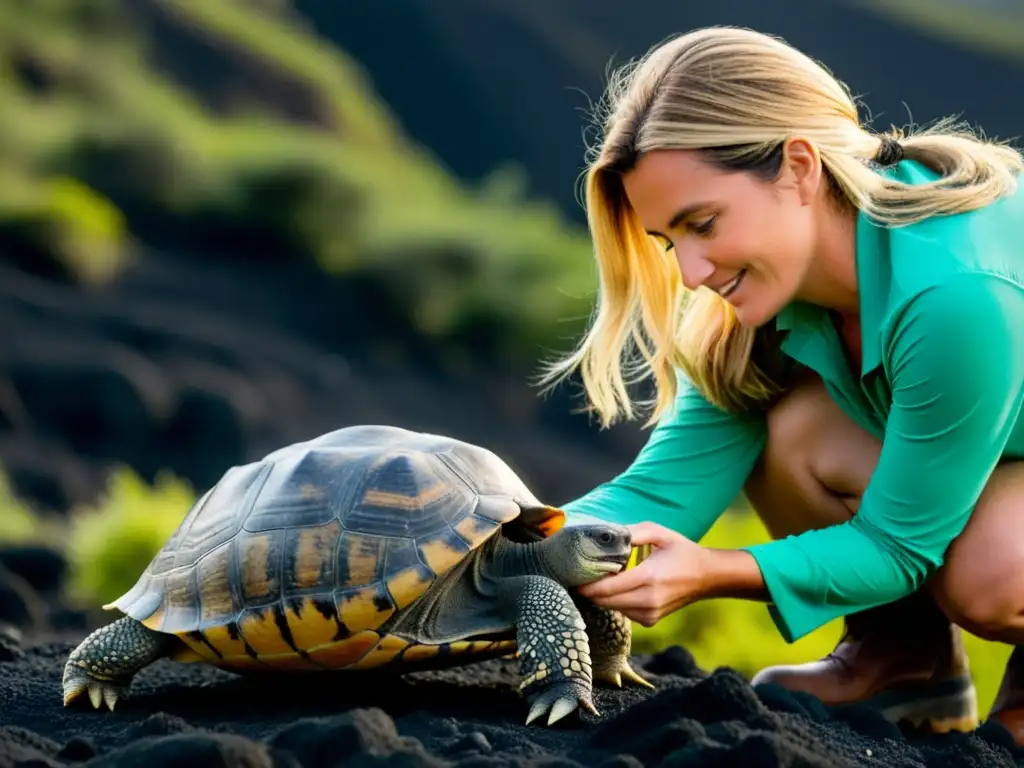 Un herpetólogo aplica con delicadeza un dispositivo de rastreo en el caparazón de una majestuosa tortuga de las Galápagos, en un escenario volcánico