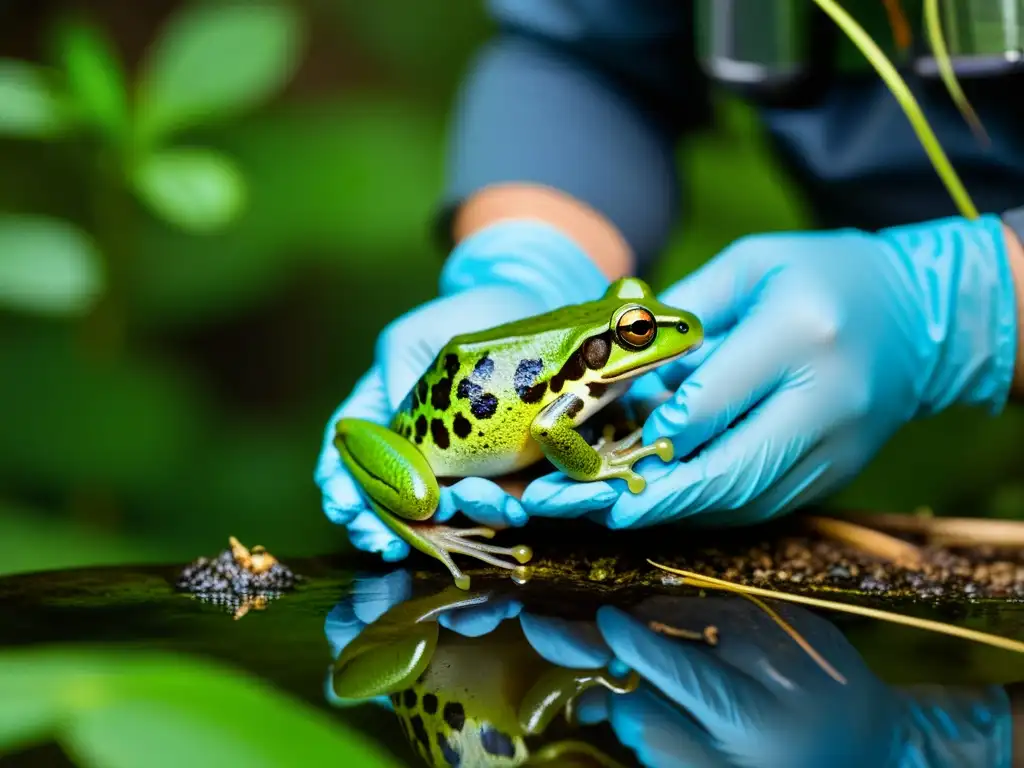 Un herpetólogo examina minuciosamente una especie invasora de rana, destacando la intensidad y precisión de su papel en la conservación de especies