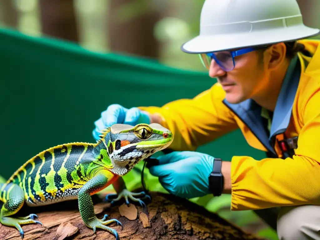 Un herpetólogo examina detenidamente una especie invasora de reptil en su hábitat natural, documentando sus características físicas y comportamiento