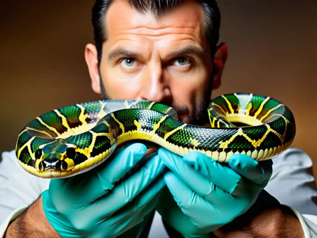 Un herpetólogo experto muestra manejo seguro de reptiles venenosos en un laboratorio controlado, destacando la intrincada piel de una serpiente