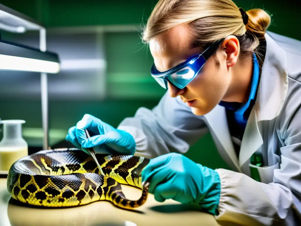 Un herpetólogo en laboratorio extrae veneno de una serpiente, con precisión y concentración