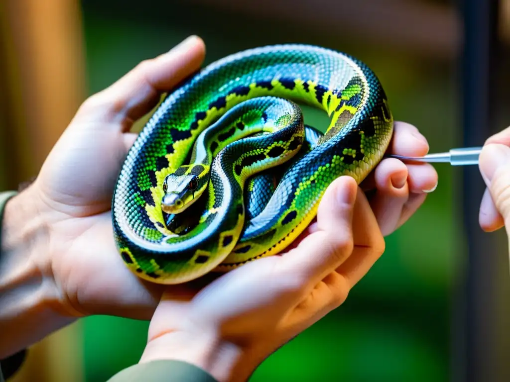 Un herpetólogo mide con precisión una serpiente multicolor