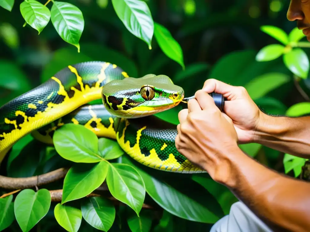 Un herpetólogo profesional mide con cuidado a una serpiente pitón verde en su hábitat natural