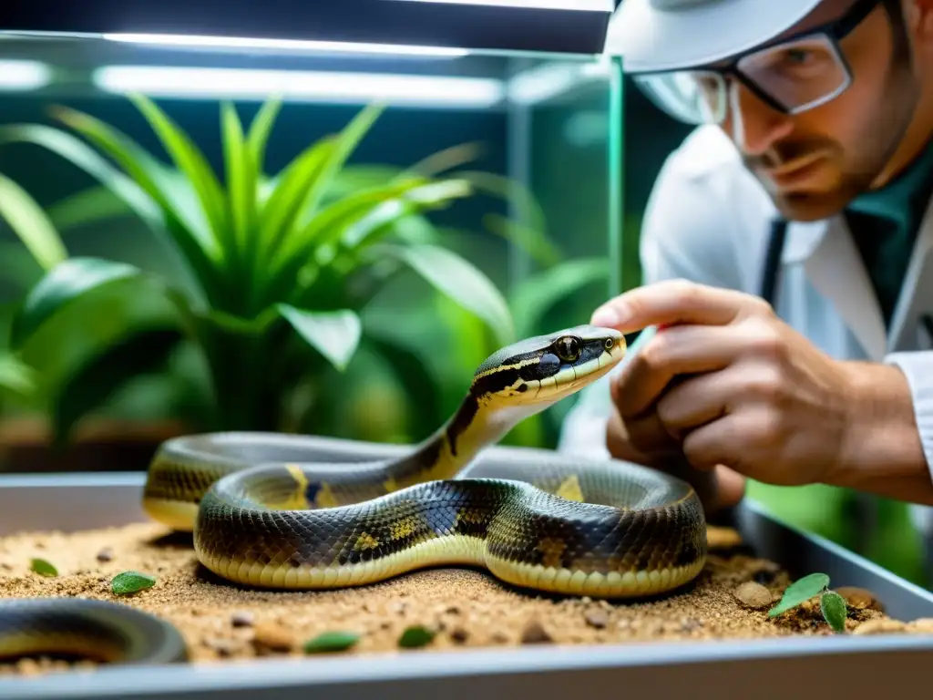 Un herpetólogo profesional realiza el manejo seguro de una serpiente venenosa en cautiverio, mostrando concentración y expertise