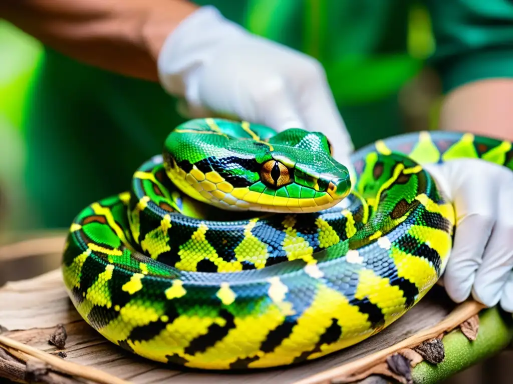 Un herpetólogo profesional manipula cuidadosamente una serpiente pitón verde en un entorno especializado