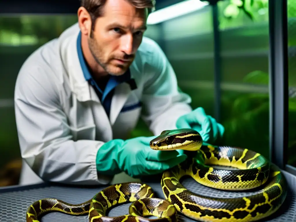 Herpetólogo con protocolos de seguridad cuidador reptiles venenosos