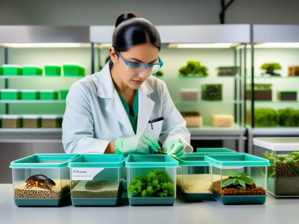 Un herpetólogo prepara con precisión la alimentación de reptiles en cautiverio, en un laboratorio bien iluminado