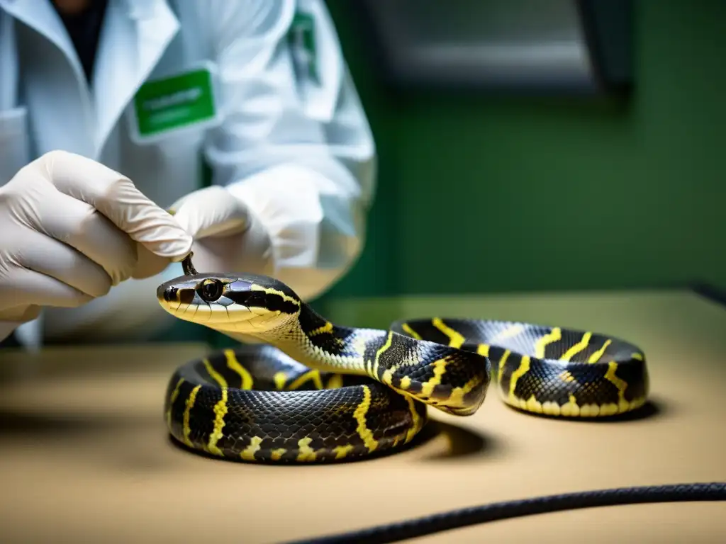 Un herpetólogo maneja con seguridad una serpiente venenosa en un entorno controlado, destacando las escamas, ojos y colmillos de la serpiente