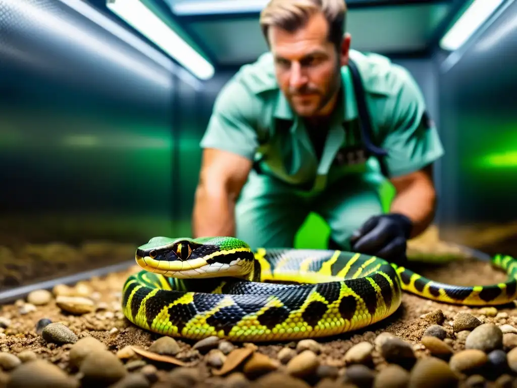 Herpetólogo maneja seguramente serpiente venenosa, destacando su belleza y peligro