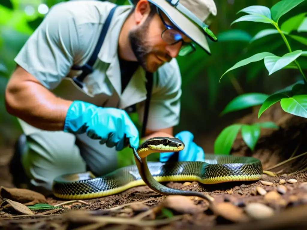 Un herpetólogo cuidadosamente manipula una serpiente venenosa en su hábitat natural, utilizando equipamiento esencial para el estudio de serpientes