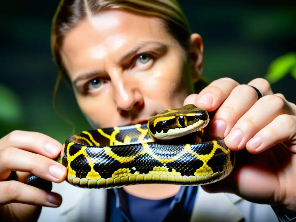 Herpetólogo estudiando cuidadosamente una serpiente venenosa en zoológico, resaltando la conservación de reptiles venenosos