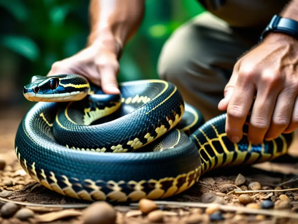 Un herpetólogo maneja seguro serpientes cautiverio, mostrando la delicada destreza y belleza hipnotizante de una majestuosa cobra real