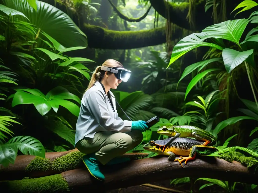 Un herpetólogo instalando tecnologías vanguardia para monitoreo en un hábitat de herpetología en la exuberante selva tropical