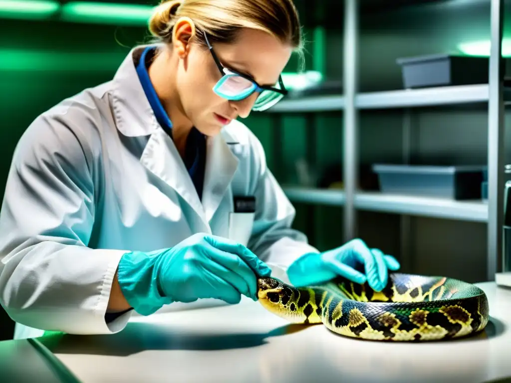 Herpetólogo extrayendo veneno de serpiente en laboratorio