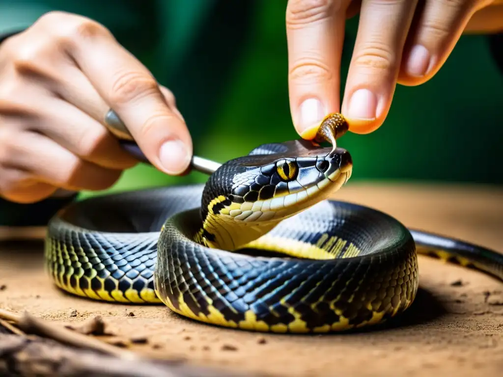 Herpetólogo extrayendo veneno de la serpiente con precisión y profesionalismo