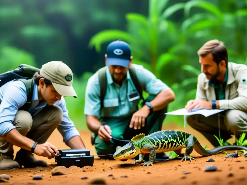 Herpetólogos utilizando métodos innovadores en conservación de reptiles en su hábitat natural, con tecnología de vanguardia