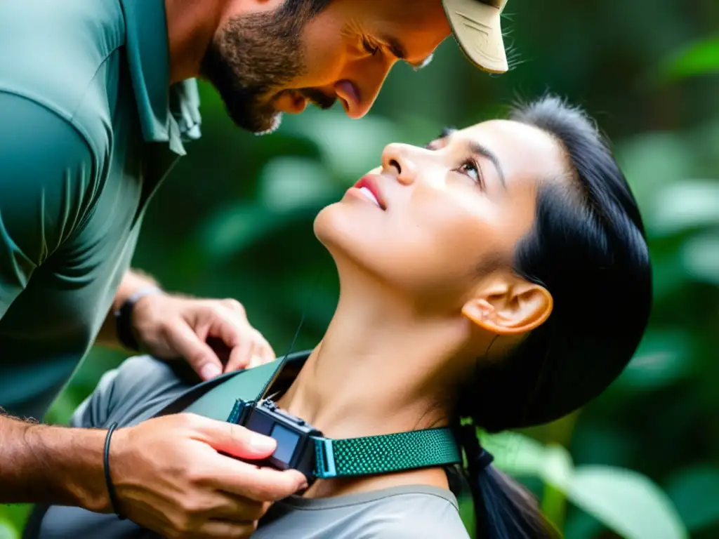 Herramientas innovadoras para el monitoreo de especies peligro: científicos colocan con precisión un collar de seguimiento satelital a un animal en peligro, resaltando la intensidad de la conservación