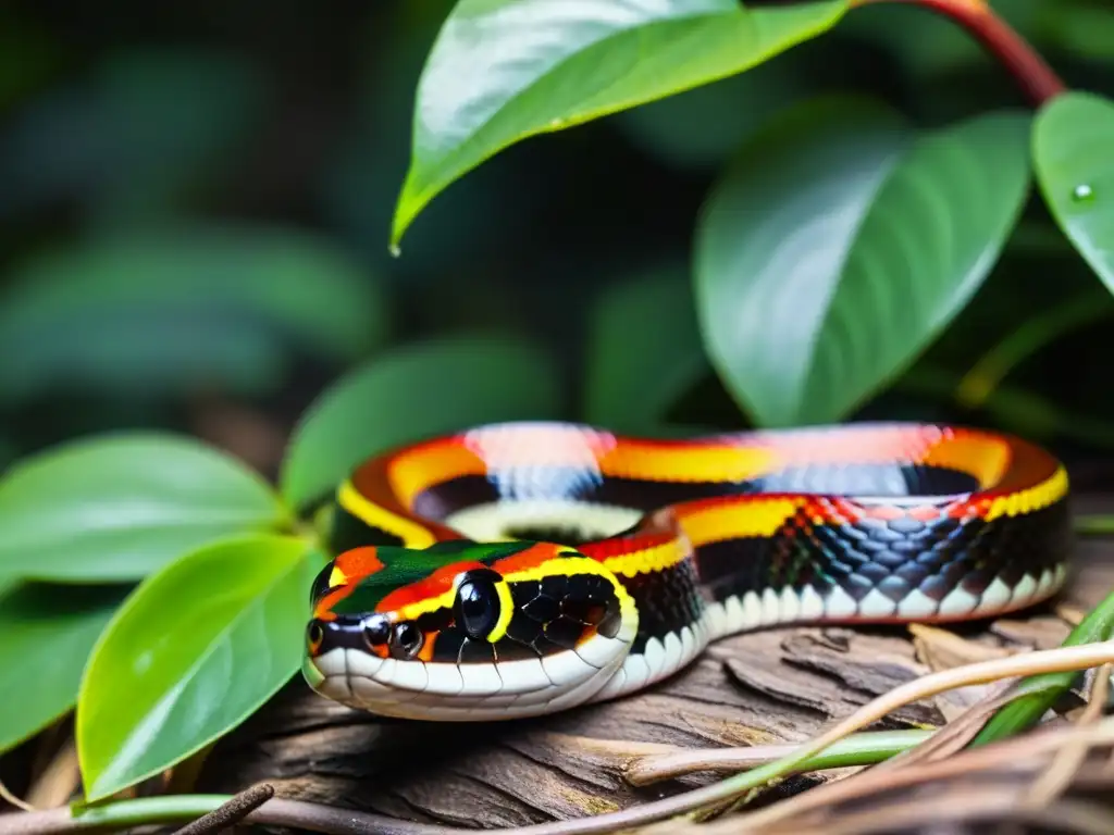 Un hipnótico coral serpiente se desliza entre la exuberante vegetación, revelando sus escamas iridiscentes y su mirada venenosa