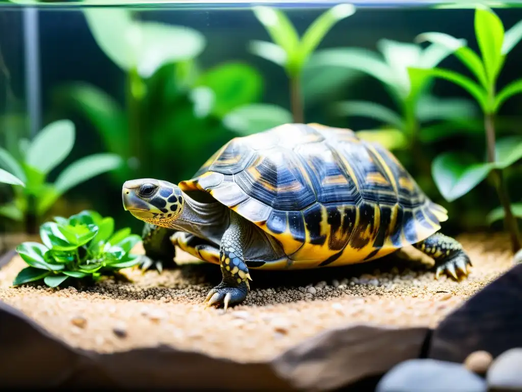 Un hogar cautivador para tortugas, con plantas vivas, rocas estratégicas y un ambiente cálido