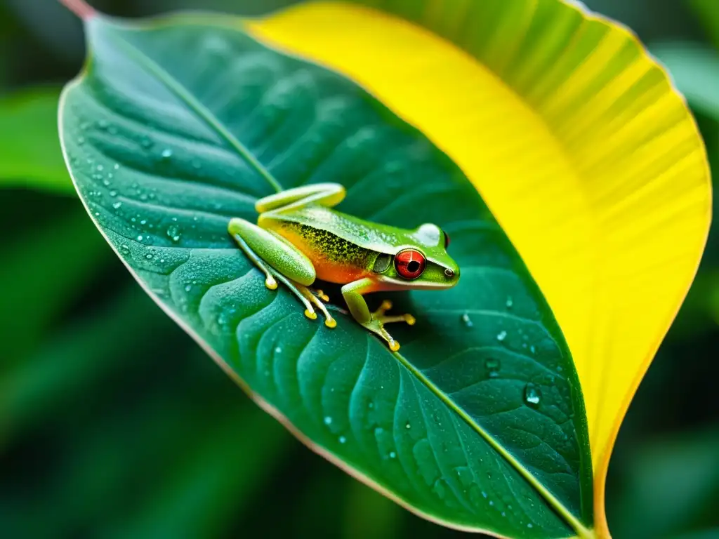 Una hoja cubierta de rocío en la selva tropical, vital para la reproducción saludable de reptiles, con una rana bebiendo