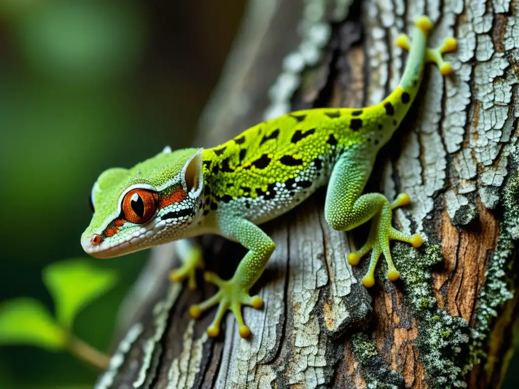 Gecko de hoja musgosa camuflado en árbol cubierto de líquenes, destacando la asombrosa adaptación de camuflaje en reptiles y anfibios