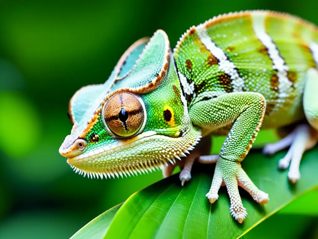 Un bebé camaleón se camufla entre las hojas, con su piel verde y marrón