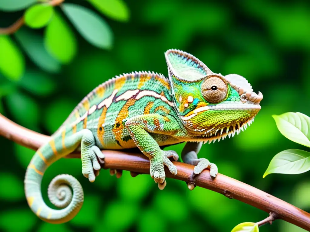 Un camaleón se mimetiza perfectamente entre las hojas verdes, destacando su estrategia de supervivencia reptil en su hábitat natural